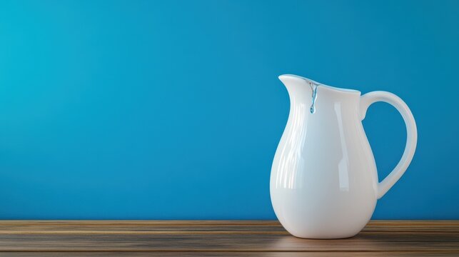Elegant White Pitcher on Wooden Table Against Blue Background