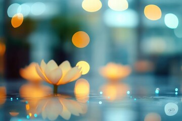 Soft glowing floating lotus flowers on water surface with blurred colorful bokeh lights in background creating serene and peaceful ambiance