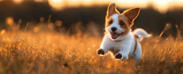 happy small brown and white dog running joyfully through a sunlit golden field at sunset