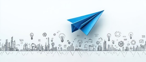 blue paper airplane flying over a sketched city skyline with light bulb icons representing ideas and innovation