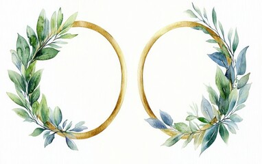 Two circular golden frames decorated with delicate green and blue watercolor leaves on a white background evoking natural elegance and calm