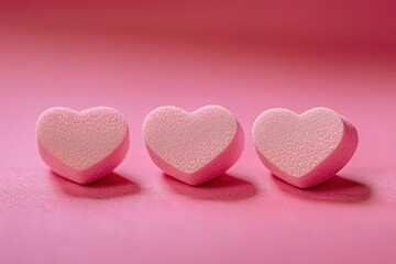 Three pink heart-shaped foam pieces aligned side by side on a smooth pink surface with soft shadows and a blurred pink background