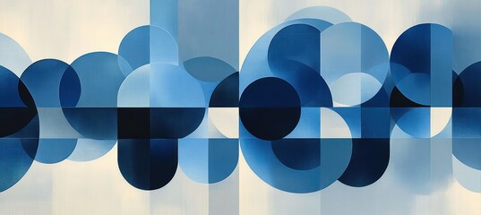 Abstract geometric composition of overlapping blue and white semicircles and rectangles creating a harmonious pattern with smooth gradients and reflective effect