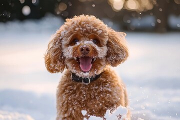 happy curly brown dog playing in the snow with joyful expression and tongue out during winter