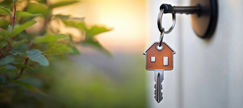 Close-up of a key with a house-shaped keychain inserted in a door lock with green leaves and a blurred sunset background