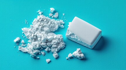 Close-up of a white eraser partially crumbled into small pieces on a bright turquoise surface, showing texture and contrast