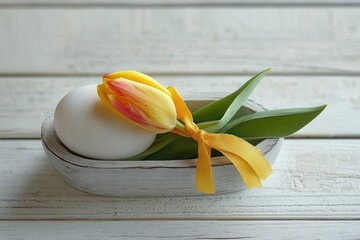 White egg with yellow and red tulip tied with a yellow ribbon placed in a rustic wooden bowl on a white wooden surface evoking simplicity and springtime freshness
