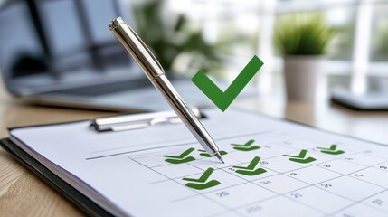 Checkmarks on Monthly Calendar with Pen and Green Success Symbol