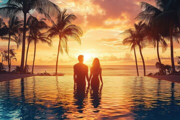 Couple holding hands standing in a pool at sunset surrounded by palm trees with vivid orange and yellow sky over the ocean