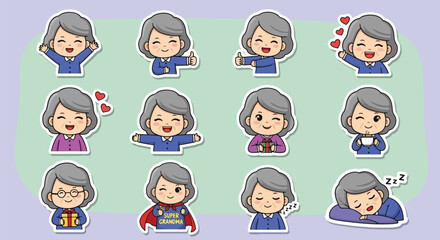 Adobe illustrator artwork vector illustration set of eight cute senior woman character.