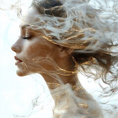 Profile of a serene woman with closed eyes surrounded by swirling golden and white ethereal smoke-like strands blending into her hair and skin