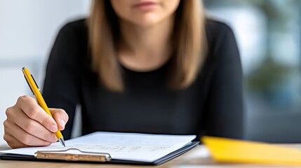Woman Writing Notes in Office Setting with Yellow Pen and Clipboard