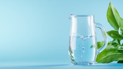 Clear Glass Pitcher with Water and Fresh Green Leaves on Blue Background