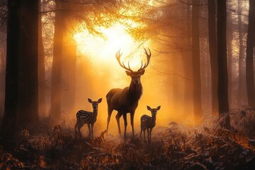 Majestic deer family standing in misty forest illuminated by warm golden sunlight piercing through tall trees