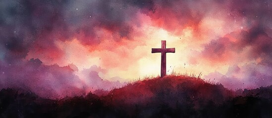 Silhouette of a solitary cross on a hilltop against a dramatic, colorful sunset sky with dark clouds creating a somber and reflective mood