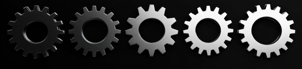 Five metallic gears arranged in a horizontal line gradually transitioning from dark to light silver on a black background