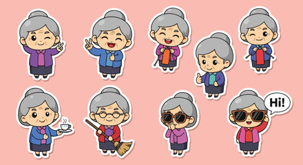 Adobe illustrator artwork vector illustration set of eight cute senior woman character.