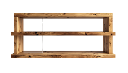 Simple, two-tiered wooden shelving unit displays natural wood grain and texture against a stark black background.