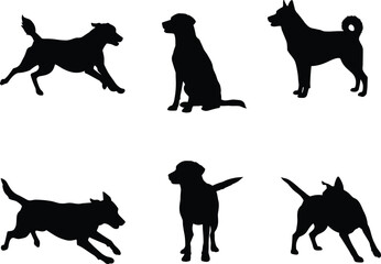 Dog silhouettes collection, running dog, sitting dog, standing pet, playful puppy, jumping canine, black vector illustration, domestic animal graphic design artwork