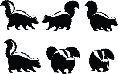 Black skunk silhouette vector illustrations in multiple poses, wild animal clipart, striped tail artwork, forest wildlife design, nature drawing, graphic element