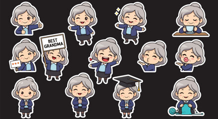 Adobe illustrator artwork vector illustration set of eight cute senior woman character.