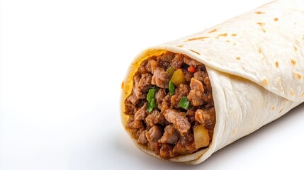 Savory Beef Burrito Wrapped in Soft Tortilla Isolated on White Background