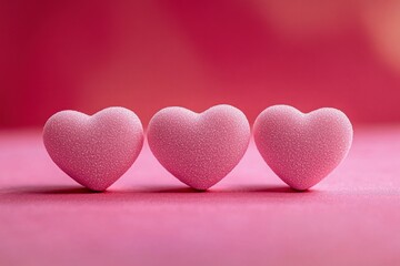 Three small pink heart-shaped objects with textured surfaces placed side by side on a smooth pink surface with a blurred pink and red background conveying a soft and romantic mood