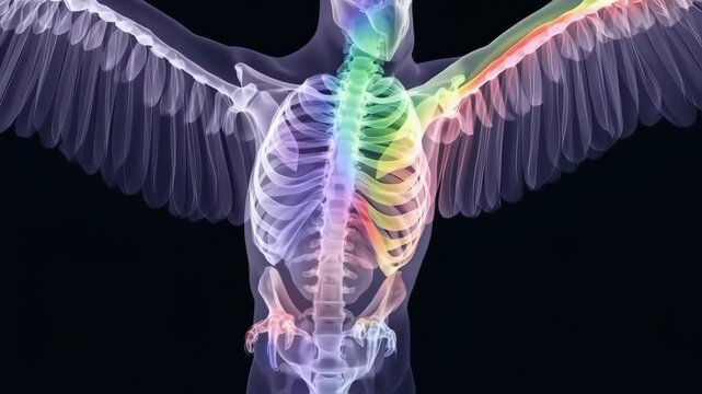 Colorful bird skeleton with translucent wings