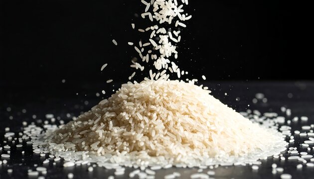 A close-up of white rice falling from above onto a mound, creating a contrasting shape against a dark backdrop