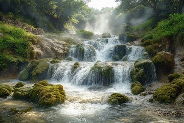 Small cascading waterfall flowing over moss-covered rocks surrounded by lush green vegetation with sunlight filtering through trees creating misty rays