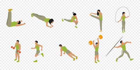 Sport children. Cartoon dance girls. Child with basketball ball, playing soccer raises barbell. Young healthy childhood vector illustration.