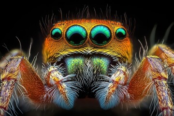 Close-up macro shot of a colorful jumping spider showing four large iridescent eyes and detailed hair-covered legs against a black background