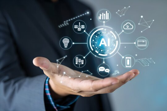 Futuristic concept of artificial intelligence and large language models (LLM) with glowing AI icons and human hand interface. Innovation in machine learning and digital transformation.