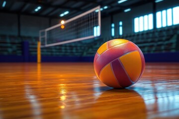 Close-up of a volleyball on a polished indoor wooden court with a volleyball net in the background under bright stadium lights