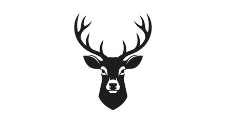 Black stag head with antlers front view on white flat illustration