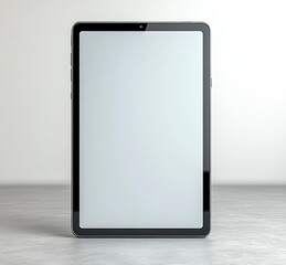 Modern tablet device standing upright on a smooth surface with a blank screen and neutral background