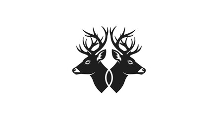 Two symmetrical black deer heads with antlers silhouette flat illustration