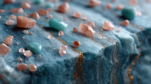 Macro Shot of Turquoise Marble with Embedded Golden Veins and Scattered Peach Aqua Mineral Gems Mineralogy Geology Texture Close Up Cinematic HDR
