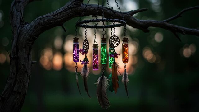 Dreamcatcher with colorful bottles and feathers hanging on a tree branch