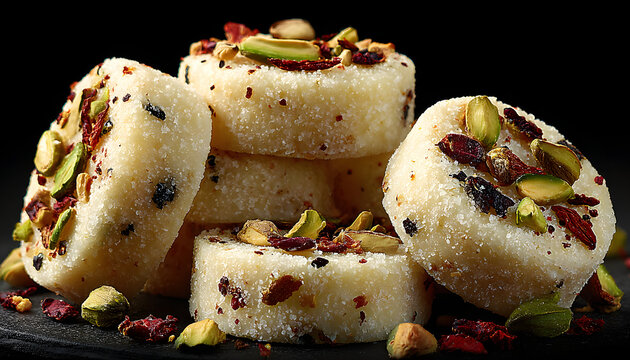 realistic photography of round indian sandesh premium sweets in piles front view with plain black background