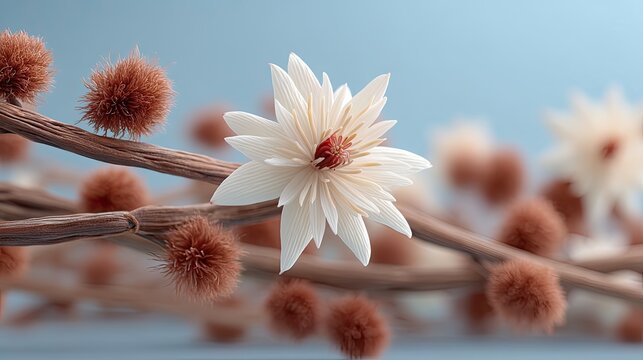 Macro Shot of Vanilla Flower with Pods on a Branch Against Light Blue Backdrop Artistic Representation