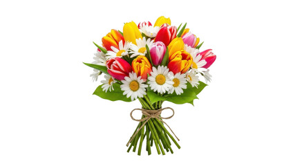 Obraz premium Colorful spring tulip bouquet with white daisies, vibrant floral arrangement isolated on white, fresh garden flowers for mothers day and wedding decor