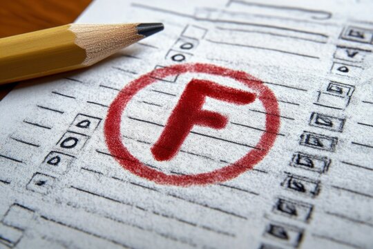 Close-up of a pencil lying on a multiple-choice test sheet with a large red failing grade marked