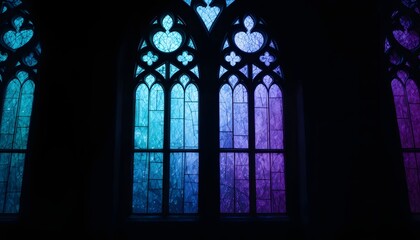 Dark gothic church stained glass window night view blue purple light
