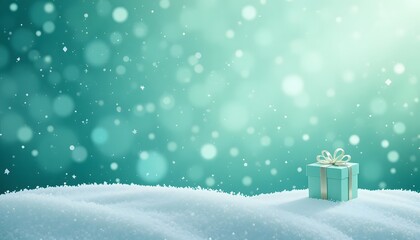 Winter snow scene with gift box and bokeh in teal background