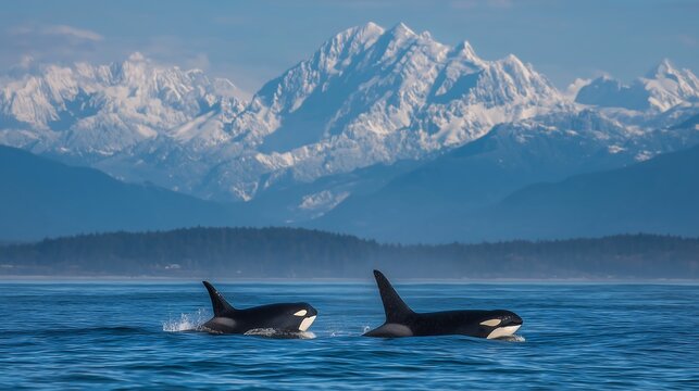 Orcas swimming in ocean with snowy mountains backdrop