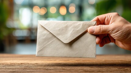 A close-up of a hand holding a plain, brown paper envelope over a wooden table with a blurred background.
