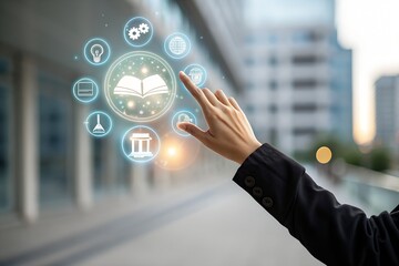 Close-up of businessman using digital interface with AI education icon, symbolizing online learning, future skills, artificial intelligence training. Concept of e-learning, modern education.