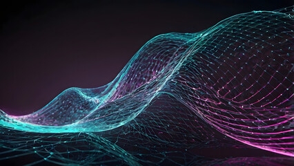 Abstract digital network wave with glowing lines and dots creating a futuristic data visualization on a dark background, representing interconnected technology and information flow for modern concepts