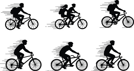 Obraz premium Cyclist silhouette, fast bike motion, people riding bicycles, outdoor cycling activity, couple riding, sport exercise, health lifestyle, speed illustration, fitness, training